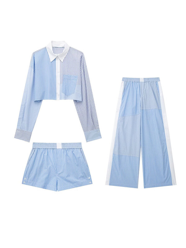 Komplety damskie krótkie bluzki w paski modna, patchworka + spodenki garnitur damski spodnie z elastycznym pasem damski komplet 2-częściowy