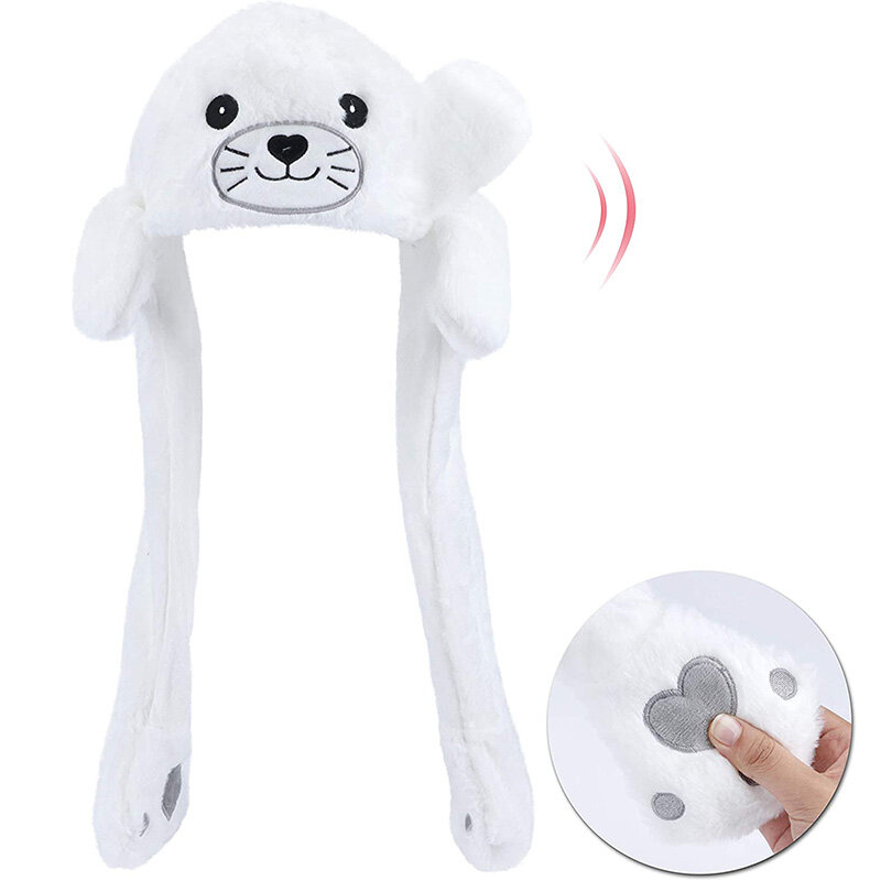 Seal Animal Ear Move Hat White Plush Bunny Ears Moving Jumping Up Toys Dress Up Funny Cosplay Party for Kids Christmas Gift