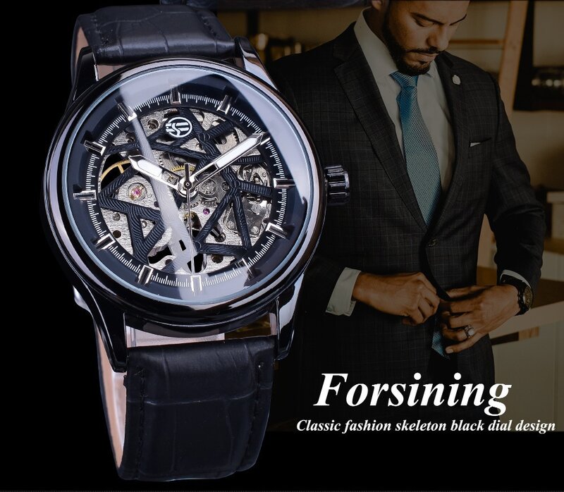 Forsining-Relógio de couro transparente vazado masculino, casual e elegante, envolto à mão mecânico, simples e oco, marca de topo, elegante