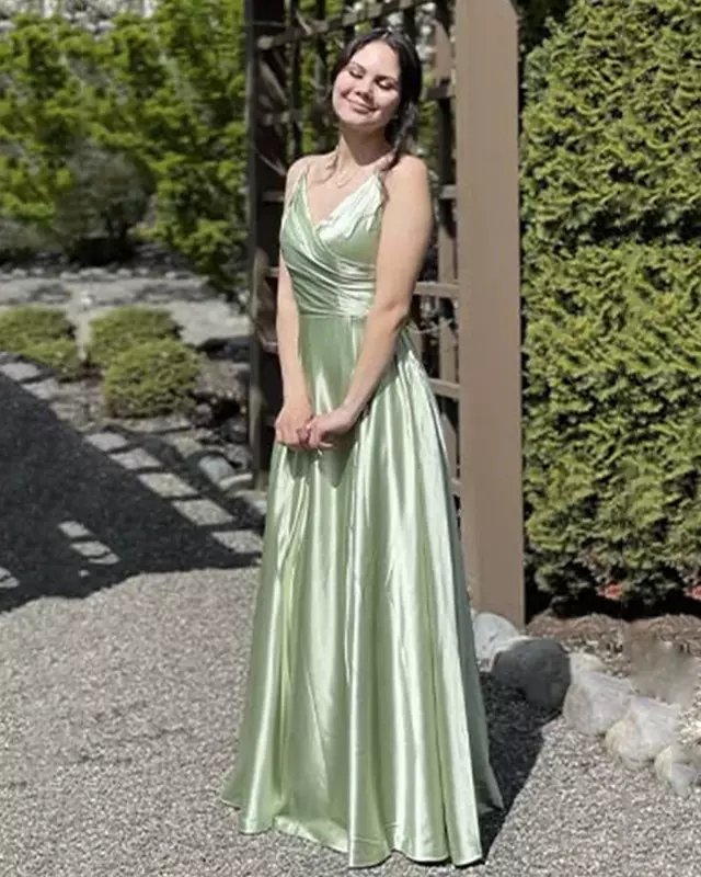 Gdybao Dames A-Lijn Bruidsmeisje Jurken Voor Bruiloft Formele Satijnen Spaghetti Band Prom Dress Lange Side Split Avondjurken