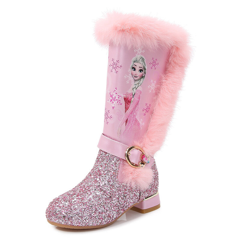 Disney-Botas de tacón alto para niña, botines cálidos de felpa de manga alta para nieve, princesa Elsa, color rosa y azul, talla 26-37, Invierno