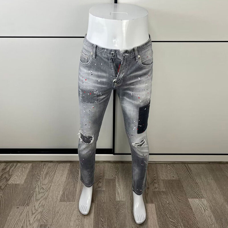 Modne dżinsy męskie uliczna Retro szara elastyczna malowana chudy krój z dziurami jeansy męskie połatane Hip Hop markowe spodnie Hombre