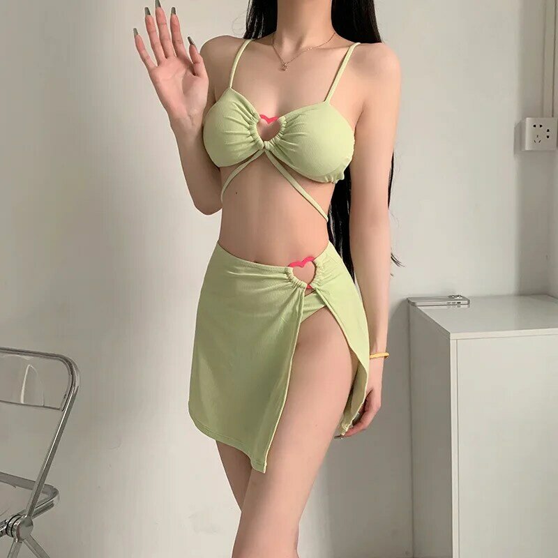 Sexy coreano moda a coste Halter bikini set tre pezzi cuore anello collegato costume da bagno con minigonna imbottito costumi da bagno Biquini