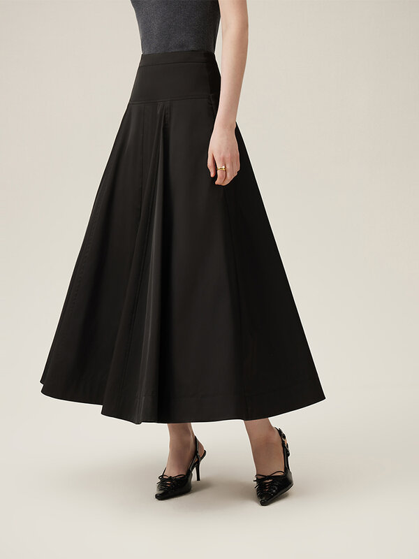 FSLE-Zíper Traseiro Design da cintura feminino saia longa plissada guarda-chuva, preto, tornozelo-comprimento, temperamento, feminino, 24FS11184