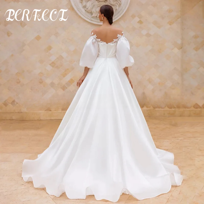PERFECT Puff Sleeves Wedding Dresses 2024 Appliqued Chic Satin A-Line Bridal Gown Plus Size Beach Princess Vestido de Noiva