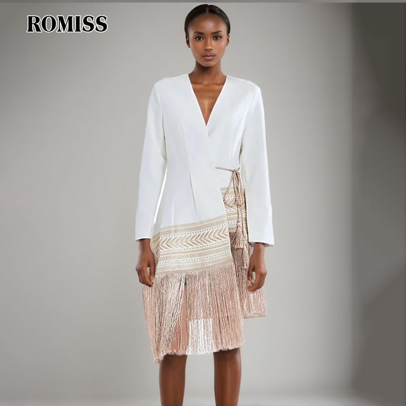 ROMISS-Blazers Colorblock Vintage feminino, borla em retalho, decote V, manga comprida, renda emendada, moda casual feminina, novo