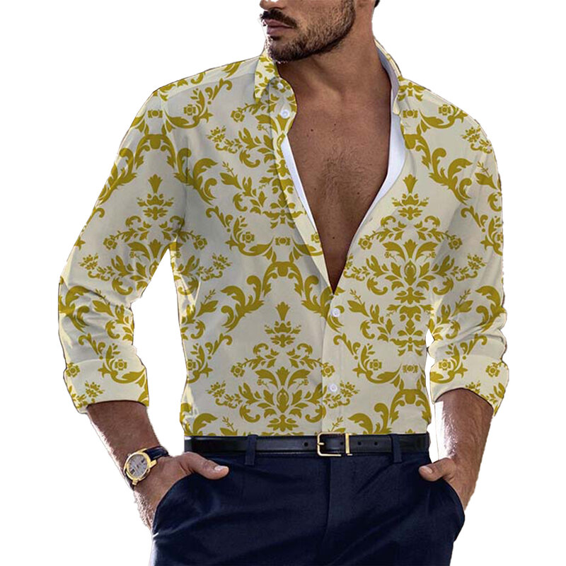 Dress Up Shirt Mens Muscle Party T Print Fitness Holiday risvolto manica lunga stampato Button Down Shirt Casual