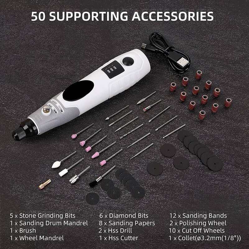 Mini Kit de herramientas rotativas inalámbricas, 3,6 V, 50 accesorios, carga USB y 3 velocidades, herramienta eléctrica para esmerilar y pulir