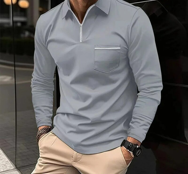 Polo T-shirts for Men Fashion Versatile Casual Solid Color Zip Pocket Long Sleeved Sports Loose Fitting Shirt Autumn New 2023