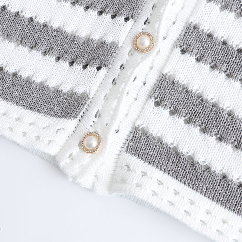 3XL Plus Size Mercerized Cotton Knit Cardigan Women Autumn Hollow Out V-Neck Jumper Fashion Vintage Stripe Splicing Sweater