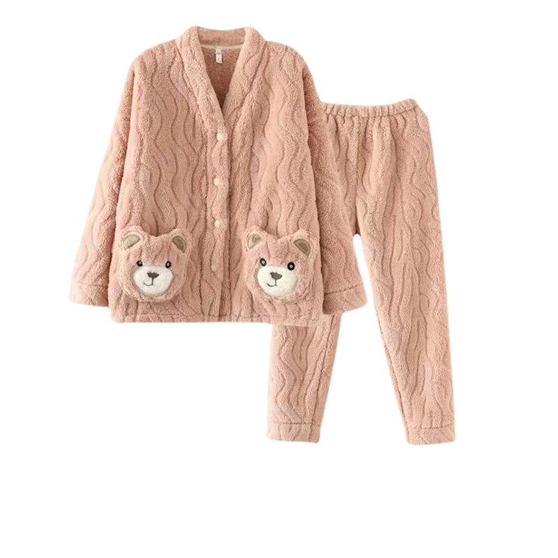 여성용 코랄 봉제 잠옷 2 피스 라운지웨어 세트, 두껍고 달콤하고 귀여운 소녀, 한국 에디션 홈웨어 잠옷, 가을 겨울 신상