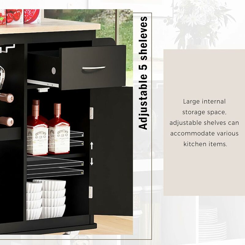 Mobile Kitchen Island Cart w/Side Storage Shelves, Drawer, Storage Cabinet & Wine Rack, Rolling Island on 5 Wheels, Caffee Bar