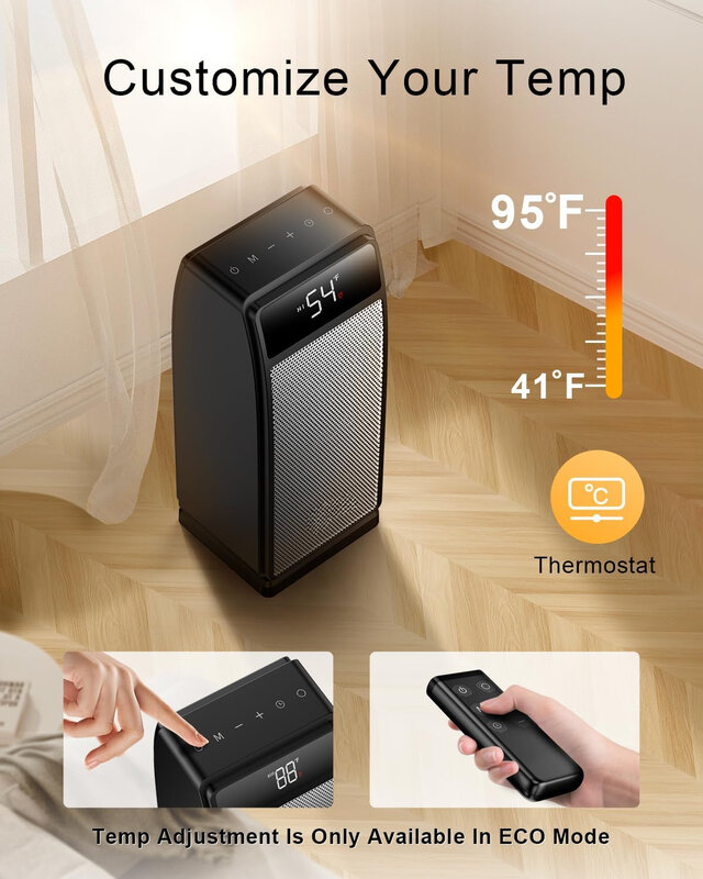 Pemanas ruangan untuk penggunaan dalam ruangan, Mode ECO dengan termostat, osilasi 70 °, pemanas cepat 1500W keramik PTC listrik portabel