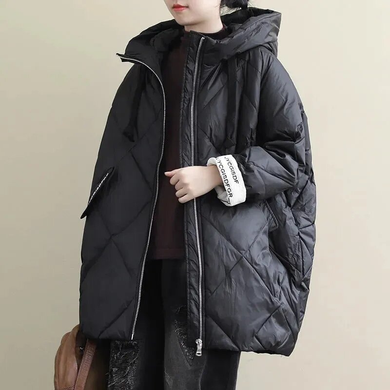 2023 Winter Coat Korean Loose Women Long Thick Parka Letters Print Warm Down Cotton Coat Cocoon Type Hooded Fleece Jackets Lady