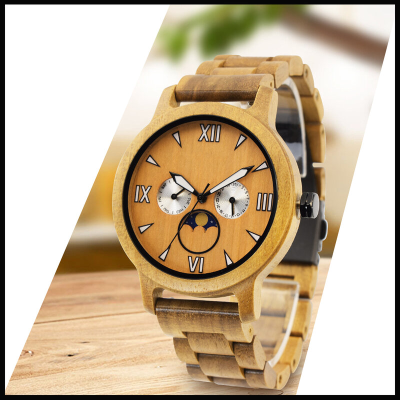 Relógios de pulso de quartzo masculino, data redonda, pulseira de madeira artesanal, pulseira leve