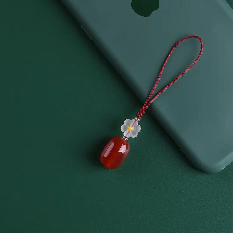 Red Agate Flower Mobile Phone Chain Women's U Disk Anti-loss Pendant Exquisite Short Antique Simple Design Girlfriend Lanyard