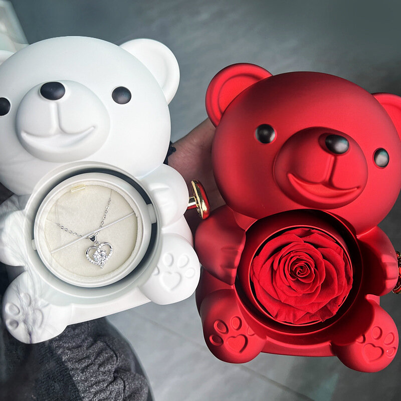 Eternal Rose Teddy Bear Gifts Box with Necklace Rotate Rose Jewelry Box Valentine Wedding Storage Gift Case for Women Girlfriend