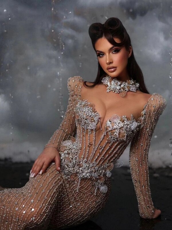 Seksowna iluzja z głębokim dekoltem w szpic sukienki koktajlowe świecące koraliki kryształowa suknia wieczorowa 2024 luksusowa syrenka długa suknia balowa szata De Mariée