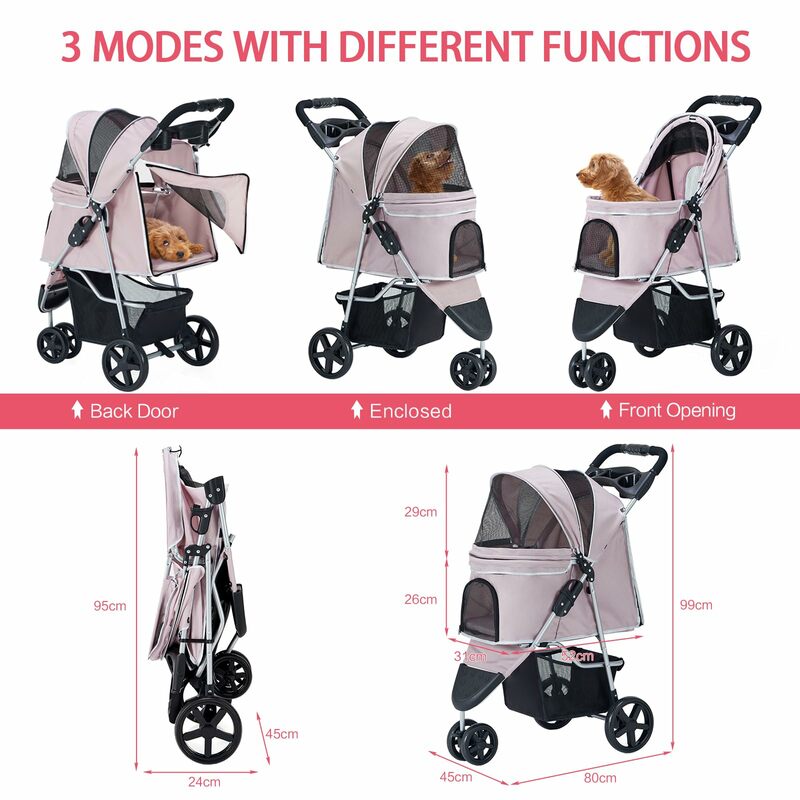 Mooie Roze Huisdierexpeditie: Kinderwagen Voor Middelgrote/Kleine Hond, Opvouwbare Driewielige Jogger, Kooi, Mand