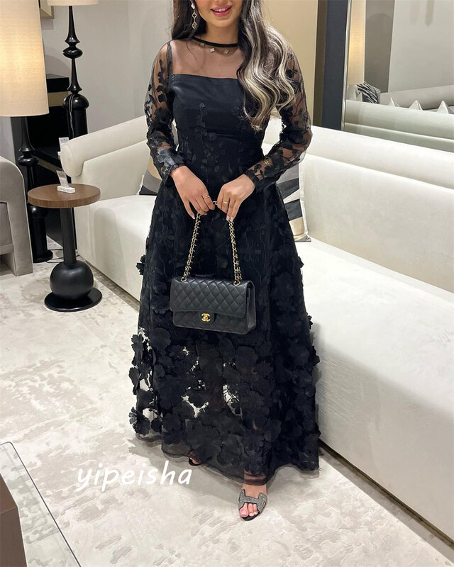 Kobiety Prom Casual Jewel A-line Formal Ocassion Gown Applique Anke length Skirts Organza Evening Dress فساتين سهره