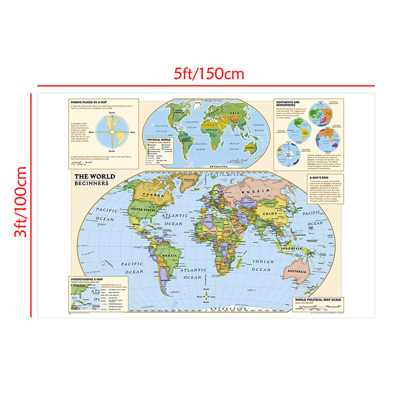 Mapa del mundo físico para principiantes, mapa plegable no tejido con etiqueta detallada sin Bandera de País, 150x100cm