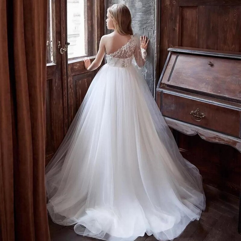 Gaun perempuan bunga A-Line satu bahu putih elegan untuk pernikahan 2023 putri Tulle berkilau berpayet gaun Komuni Pertama anak-anak