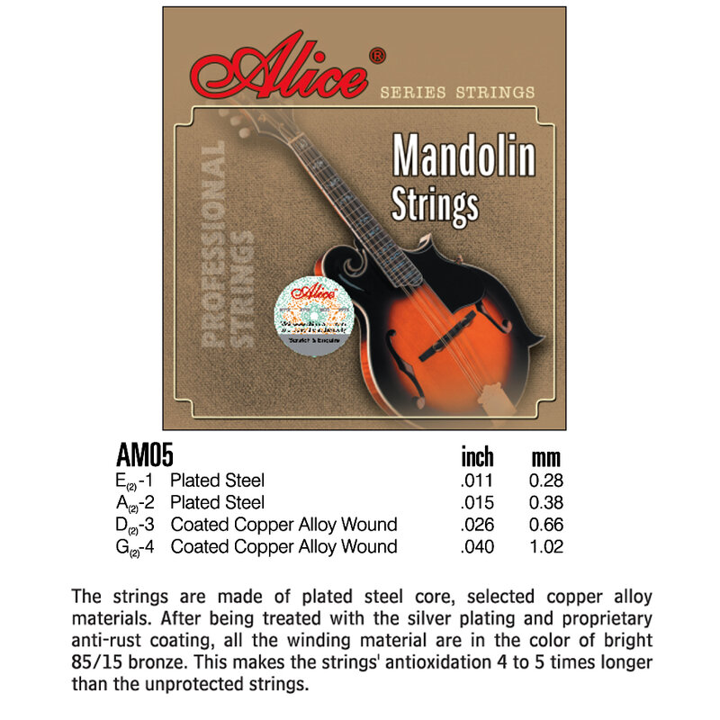 Alice AM05-Juego de cuerdas de mandolina, aleación de cobre recubierta, acero chapado en heridas, 4 cuerdas, 0.011-0.040