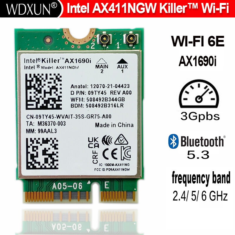 Intel®Wifi 6E AX411 Intel Killer AX1690i Wifi 6E Speed 2.4 Gbps 802.11ax 2.4/5/6Ghz Bluetooth 5.3 BT5.3