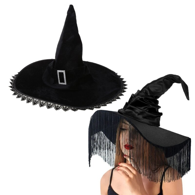 Cappello da strega per festa Halloween per donna Cappello da mago nero a larga Cappello da costume cos-play da