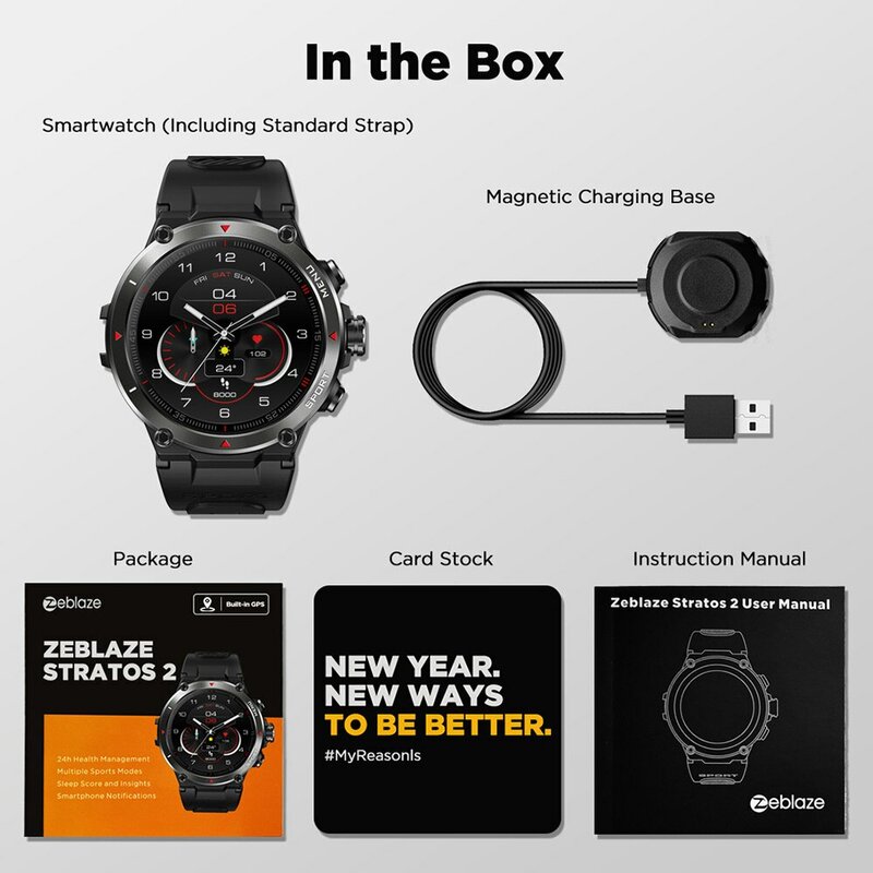 Zeblaze stratos 2 gps smart watch amoled display 24h gesundheits monitor 5 atm lange akkulaufzeit smartwatch für männer