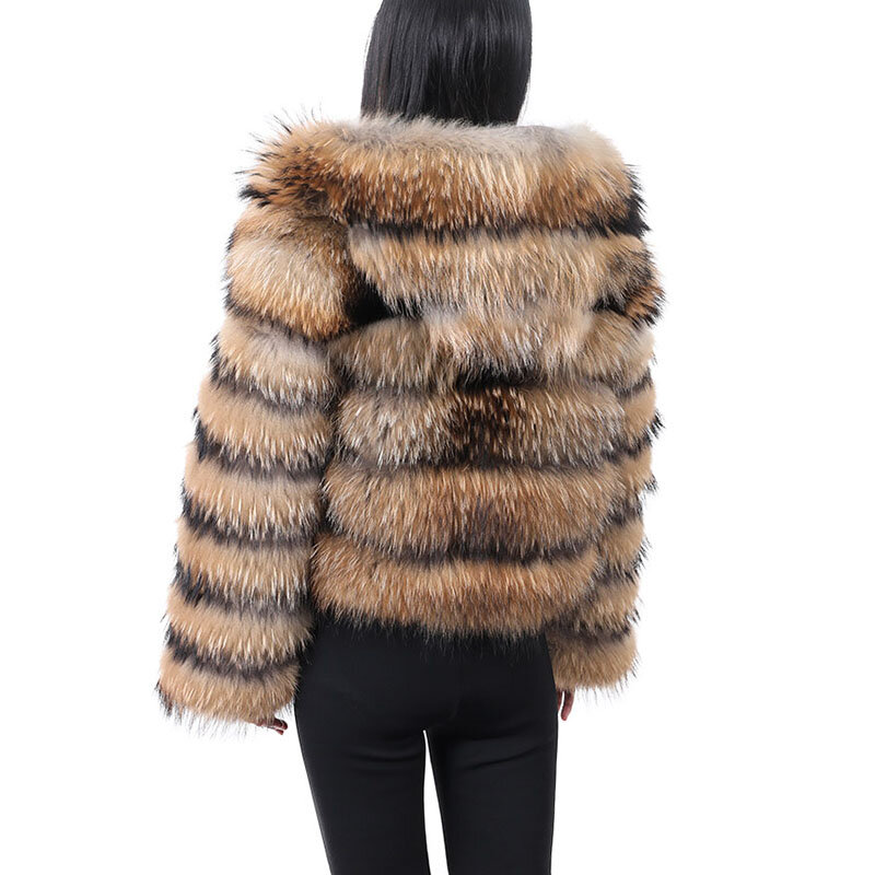Maomaokong-abrigo de piel de mapache 2024 Natural con sombrero para mujer, chaqueta de piel de lujo, ropa femenina, Invierno