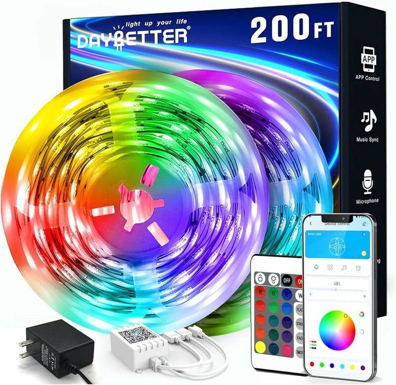 Daybetter-アプリケーション制御とリモートコントロールを備えたインテリジェントLEDストリップライト,RGB音楽同期デバイス,色変更ライト,200フィート,100フィート,2ロール