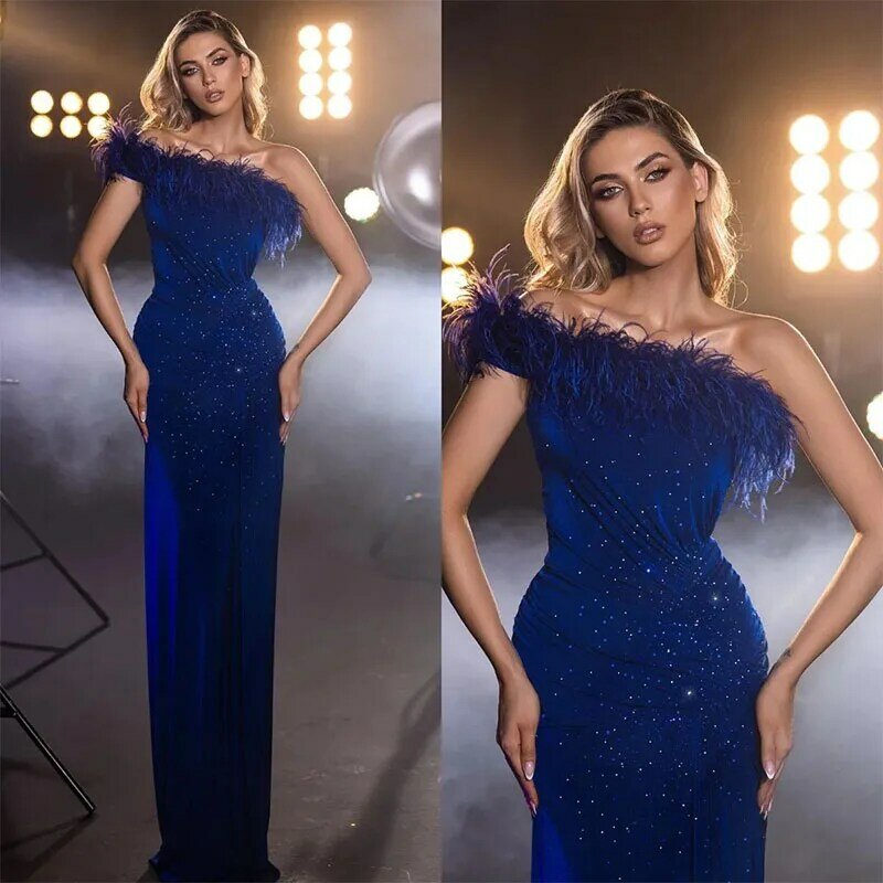 Sexy Royal Blue Evening Dresses Feathers Off Shoulder Party Prom Dress Formal Long Red Carpet Dress for Special Occasion