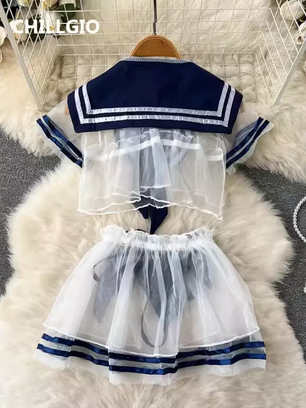CHILLGIO Women Transparent Sexy Mesh Pajamas Suits Fashion Hotsweet Japan Preppy Style Erotic 3 Pieces JK Uniform Nightgowns Set