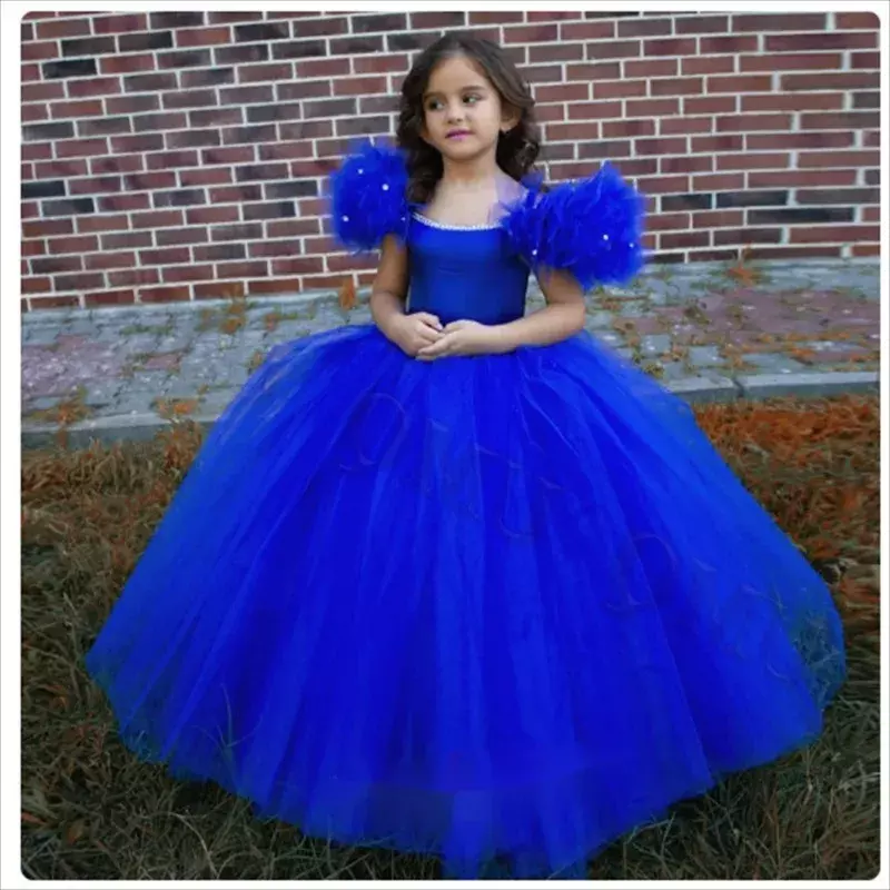 Gaun putri bunga biru Royal, Gaun putri A-line manik-manik lengan mengembang anak perempuan kecil pesta ulang tahun pernikahan, gaun liburan Prom