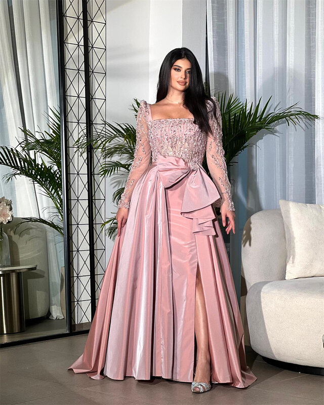 Gaun Prom malam Jersey Arab Saudi manik-manik pita menggantung gaun pesta Natal leher persegi kesempatan Bespoke gaun panjang