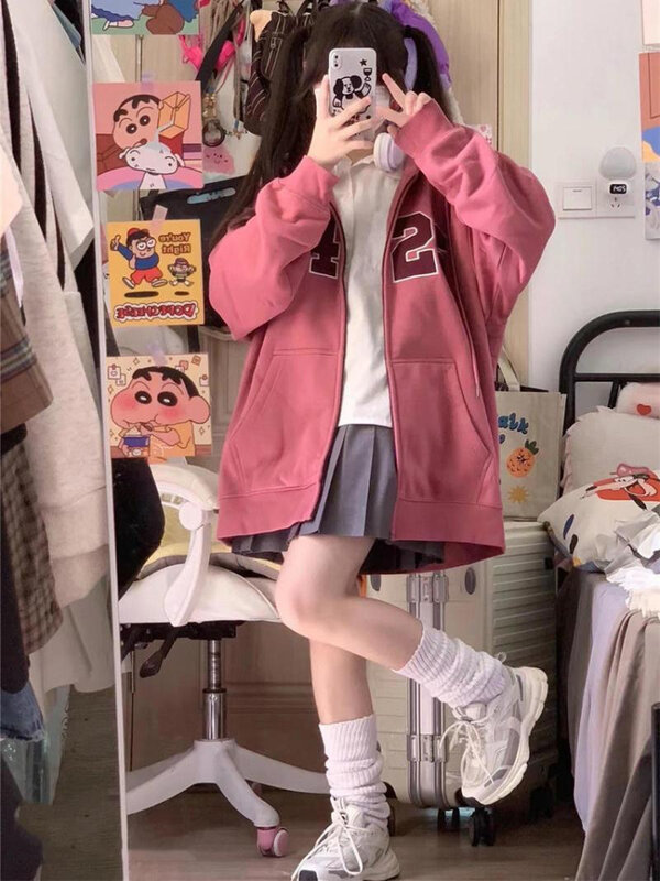 Deeptown Harajuku Zip Up Hoodies Women Vintage Kpop Letter Embroidery Sweatshirts Pink Oversized Loose Casual Tops Y2K Aesthetic