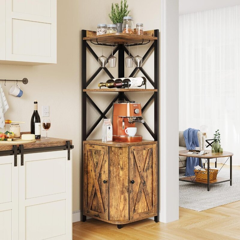 Corner Bar Cabinet with Glass & Wine Holder, Industrial Corner Shelf with Wine Storage, 5-Tiers Liquor Cabinet Bar