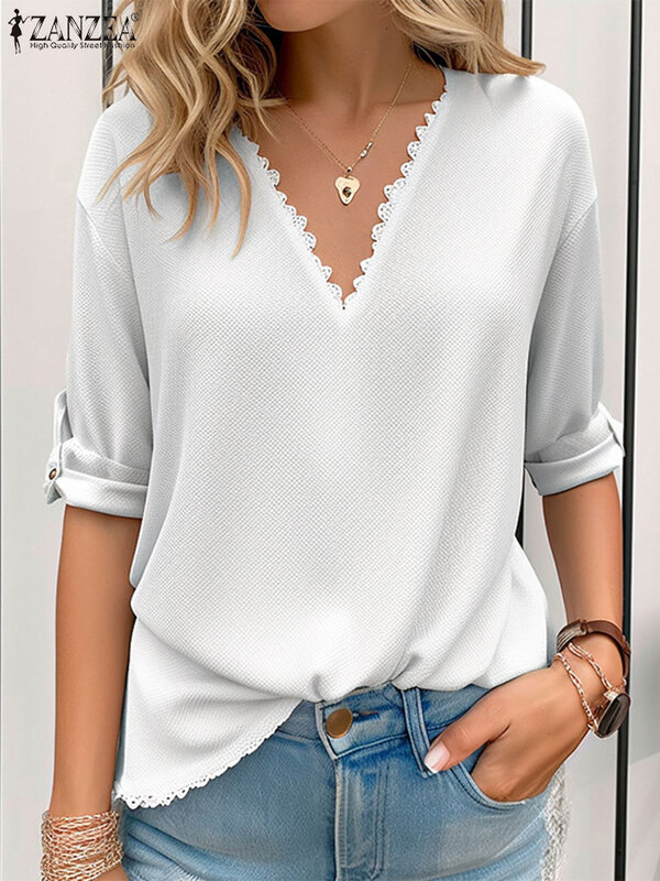 Модные летние праздничные топы, женская элегантная Офисная Рабочая блузка 2024 ZANZEA, кружевная рубашка с длинным рукавом, повседневные блузки с V-образным вырезом