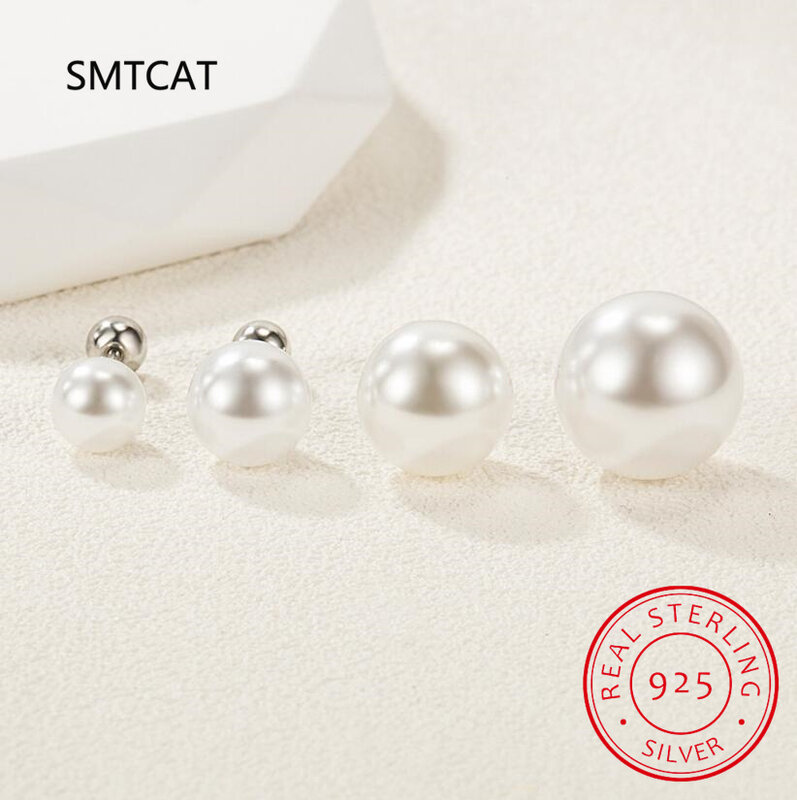 Brincos geométricos em prata esterlina 925 reais para mulheres, contas redondas, pérolas, acessórios para joias finas, na moda, 6mm, 8mm, 10mm, 12mm