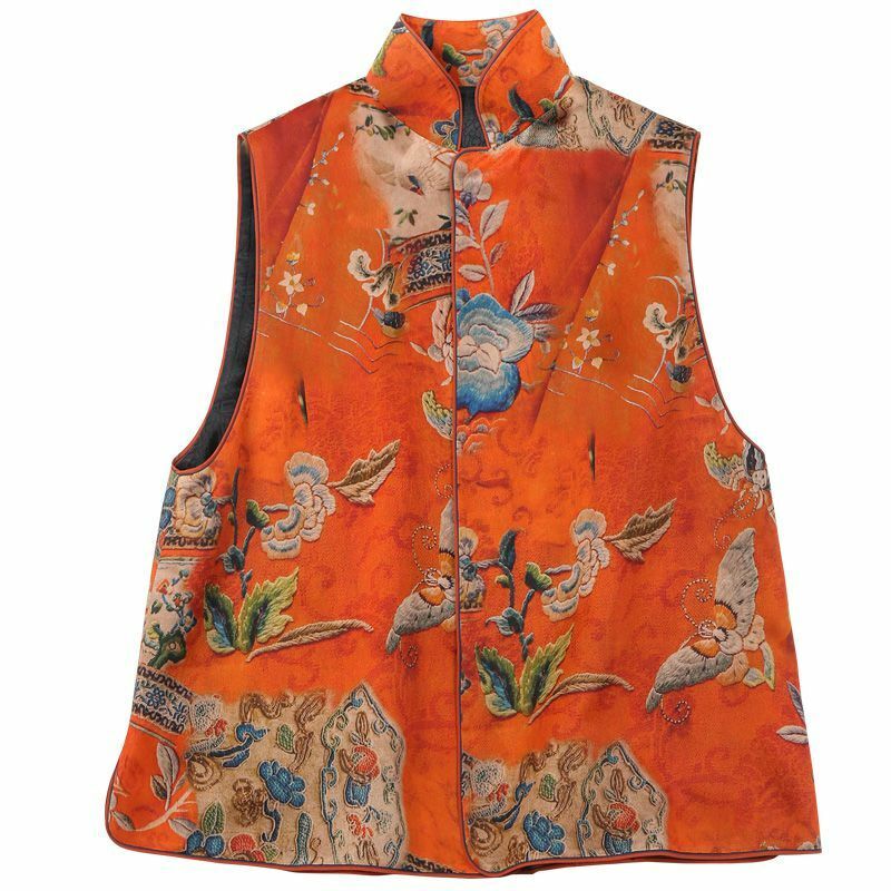 Chaleco tradicional chino con estampado de flores y pájaros para mujer, top de estilo oriental, cuello levantado, botón de placa, chaleco sin mangas, traje tang