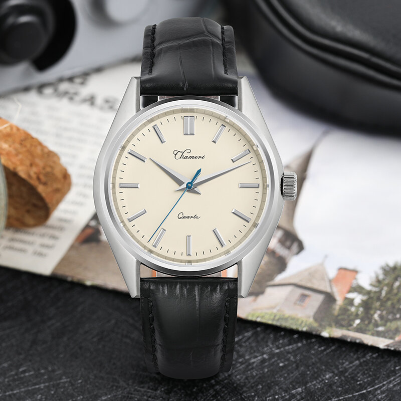 Chameri GS02 VH31 무브먼트 쿼츠 시계, 50m 방수 럭셔리 손목시계, 스테인리스 스틸 사파이어 크리스탈 유리, 빈티지 시계
