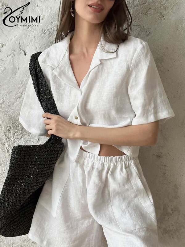 Oymimi Elegante Witte Katoenen Sets Voor Vrouwen 2 Stuks Mode Turn-Down Kraag Korte Mouw Knoop Shirts En Eenvoudige Shorts