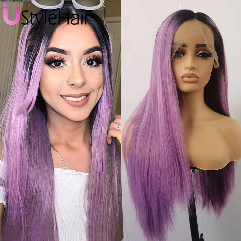 UStyleHair Ombre Purple Long Silky Straight Wig 13x6 Lace Front Wigs for Women Heat Resistant Synthetic Hair Drak Root Daily Use