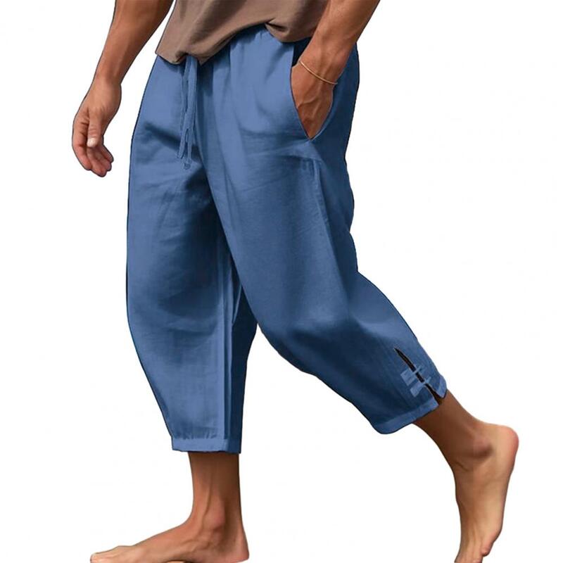 Pantalon court de plage en lin pour hommes, vêtements de vacances d'été, taille élastique, poches adt fendues pour le confort