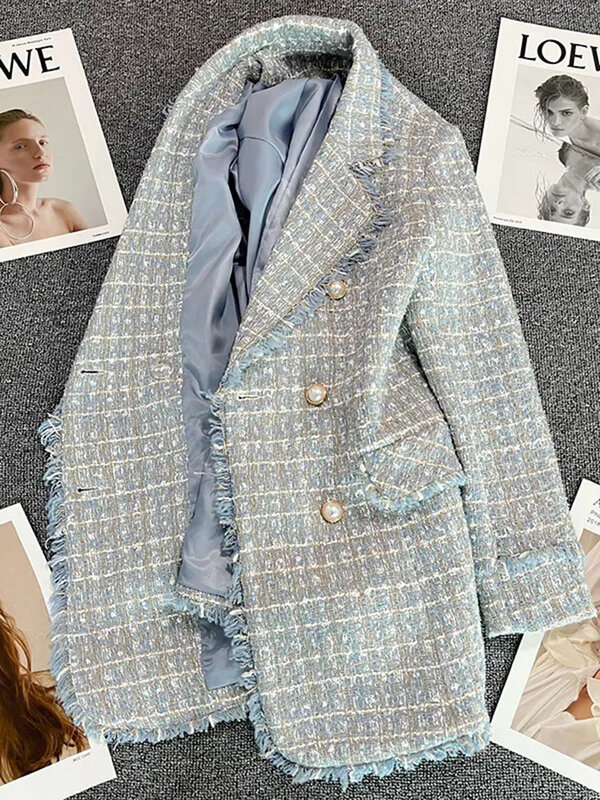 Chaqueta de Tweed de temperamento de alta calidad para mujer, trajes de manga larga, Blazer de doble botonadura, abrigo de traje elegante de moda femenina, otoño
