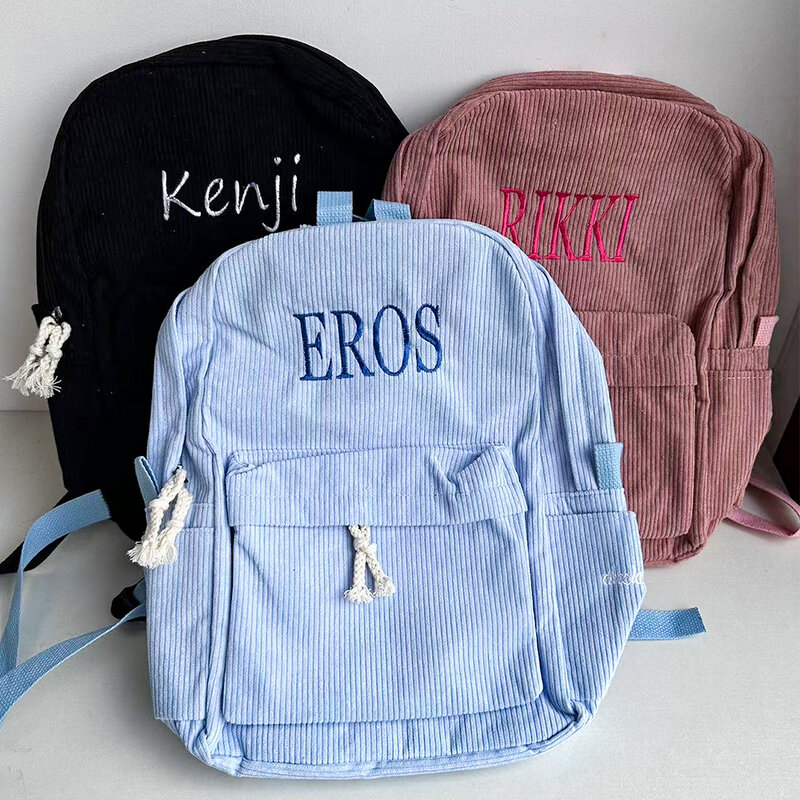Boys Girls Corduroy Backpack Custom Name School Backpacks for Teenage School Bag Embroidered Name Travel Bags Shoulder Bags