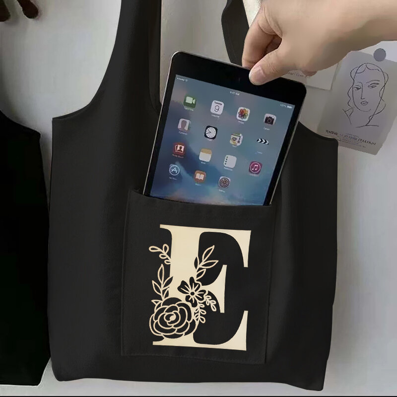 الذهب رسالة بسيطة طباعة التسوق أكياس سوداء قماش حمل حقيبة مطبوعة الكرتون قابلة لإعادة الاستخدام القماش حقيبة يد حقائب الكتف