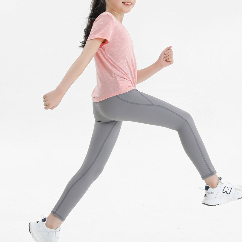 กางเกงเลคกิ้งกีฬาออกกำลังกายมีกระเป๋าสำหรับเด็กผู้หญิงกางเกงวิ่งเล่นโยคะ