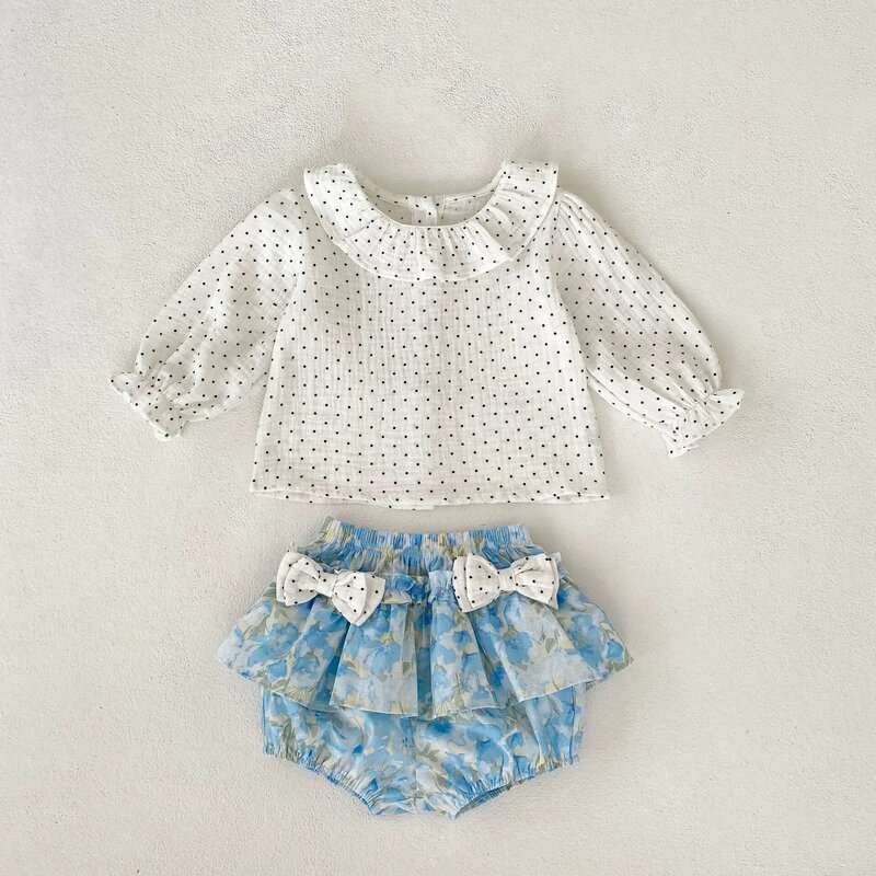 Angoubebe-camisa ponto onda do bebê menina e calças curtas conjunto, 555s142